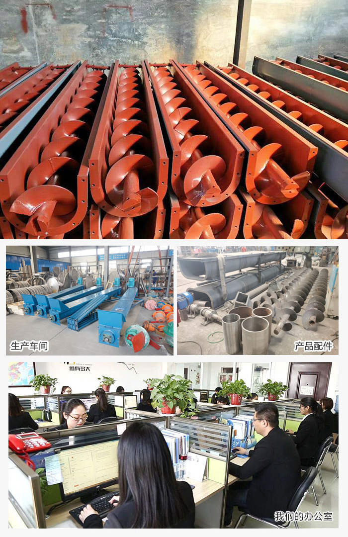 絞龍螺旋輸送機產(chǎn)品，廠區(qū)，以及辦公場地展示圖。