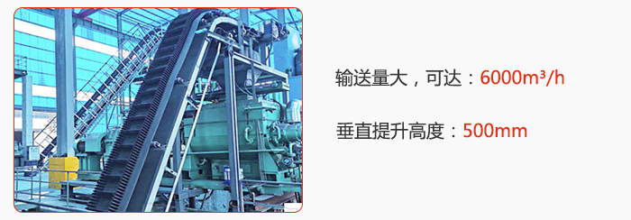 大傾角帶式輸送機輸送量大，可達：6000m3/h，垂直提升高度：500mm